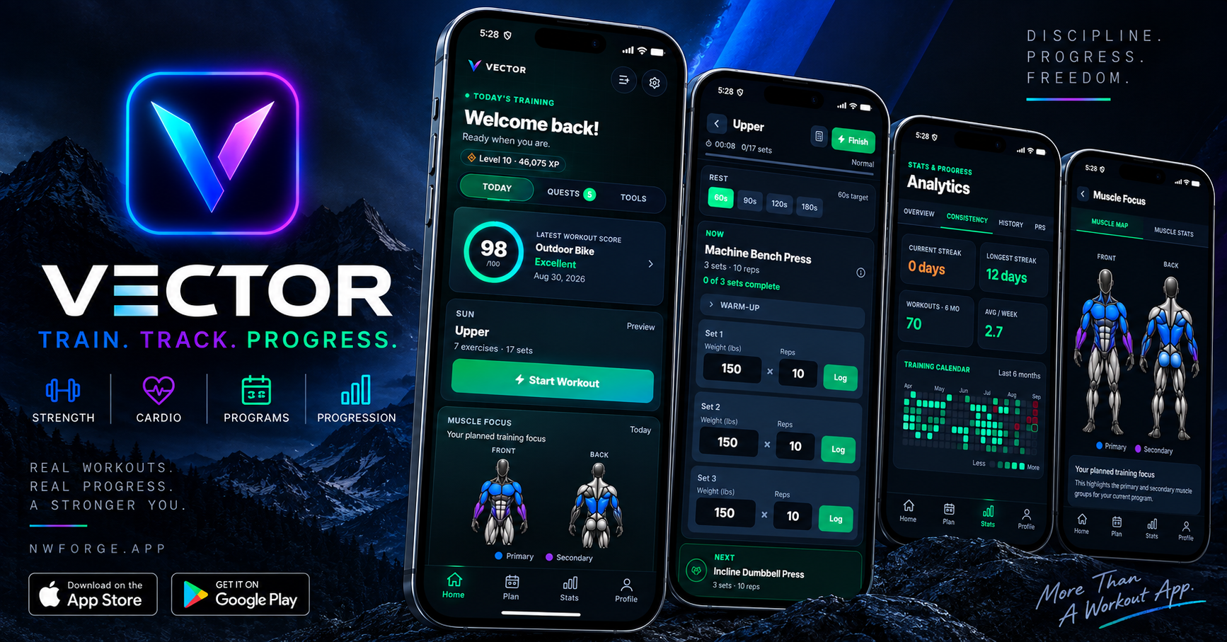 Vector workout app showing workout tracking, programs, stats, progression, and muscle tracking
